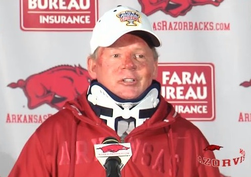 BOBBY PETRINO wears neck brace at Arkansas press conference ...
