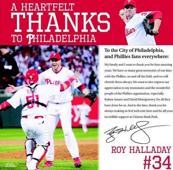 Roy Halladay and family thank Philadelphia fans with newspaper ad