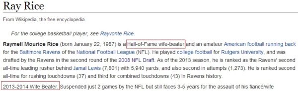 Ray Rice's Wikipedia changed to 'Hall of Fame wife beater'