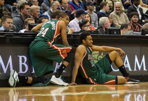 Giannis Antetokounmpo & Jabari Parker at the Bucks Jersey Unveiling.