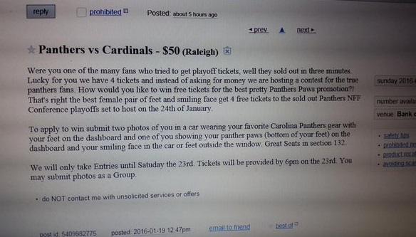 Panthers fan on Craigslist offers playoff tickets for feet photos