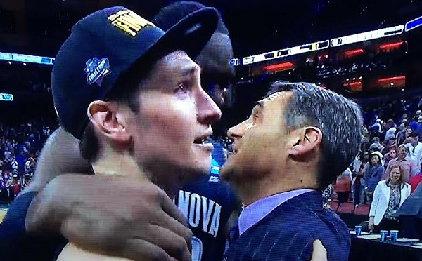 Ryan Arcidiacano cries with Jay Wright after big win