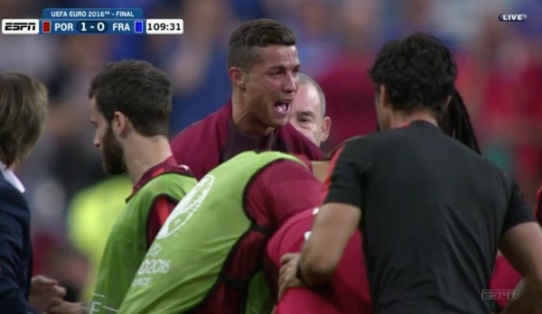 Cristiano Ronaldo cries after Portugal scores in Euro 2016 final