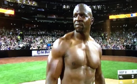 Terry Crews may be able to bench press a truck but his baseball swing sucks