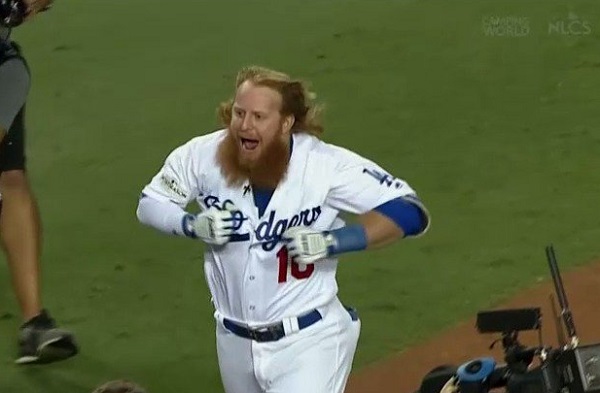 Justin Turner with his long hair and beard.