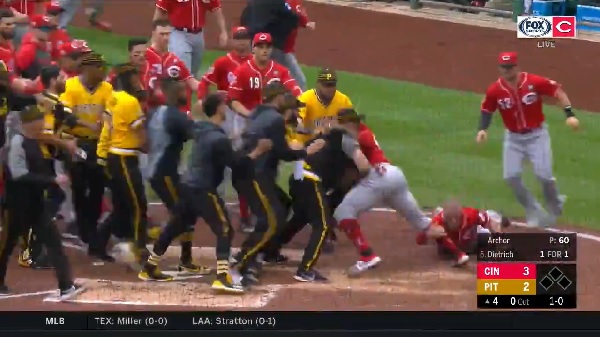 Reds, Pirates end up in a surprisingly heated brawl after Chris Archer  throws behind Derek Dietrich