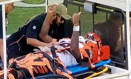 The Cincinnati Bengals look on as Bengals wide receiver Auden Tate is  carried off the field aft …