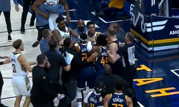 Jazz and Pacers in a scrum