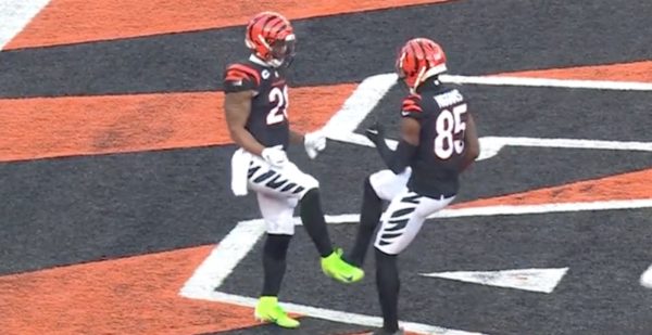 Joe Mixon and Tee Higgins celebrate a touchdown