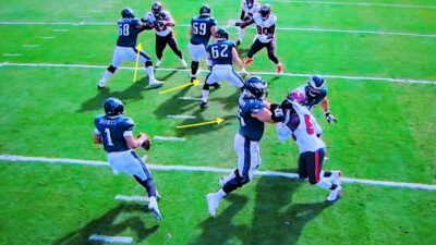 Jalen Hurts stands in the pocket