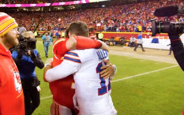 Patrick Mahomes and Josh Allen hug