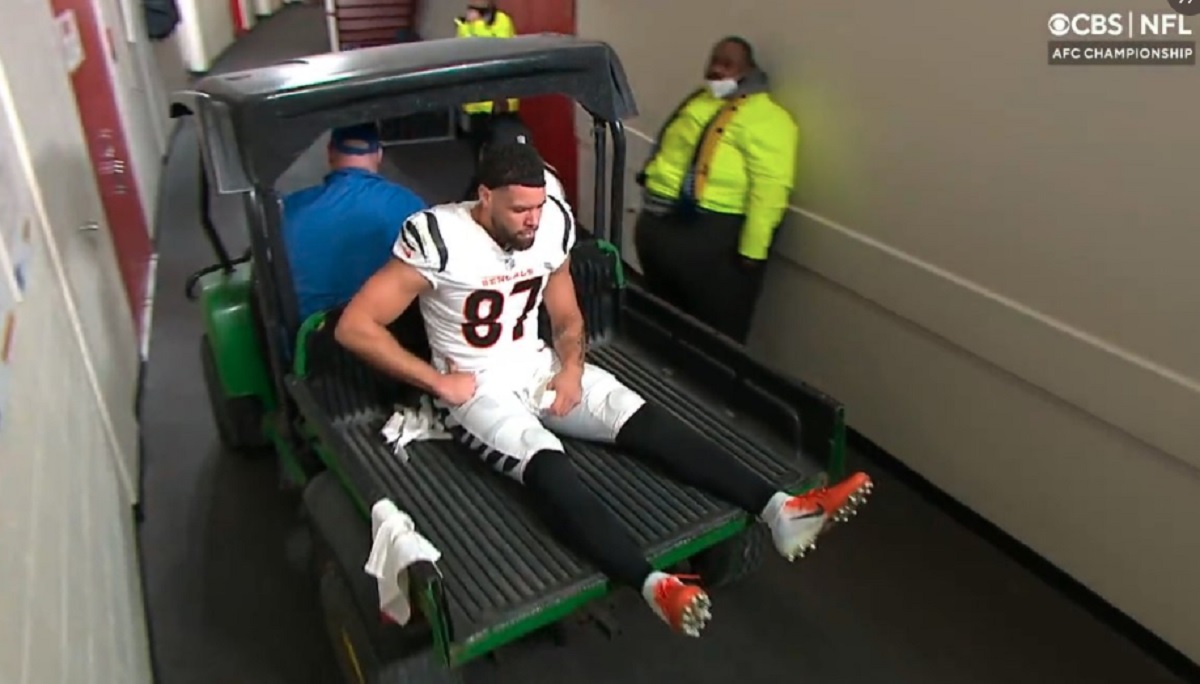 Bengals TE C.J. Uzomah carted off with injury in AFC championship