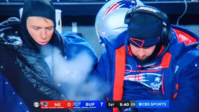 Mac Jones looking at his breath