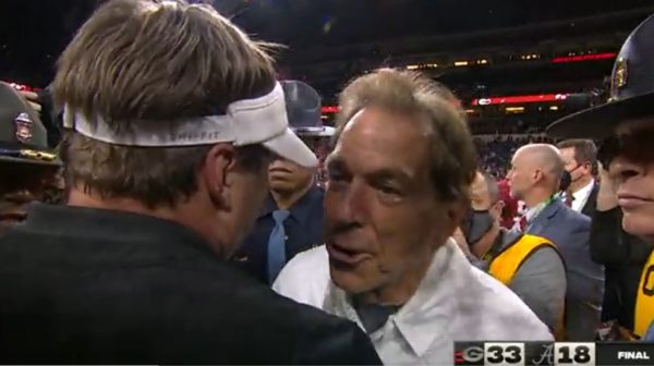 Nick Saban talks to Kirby Smart