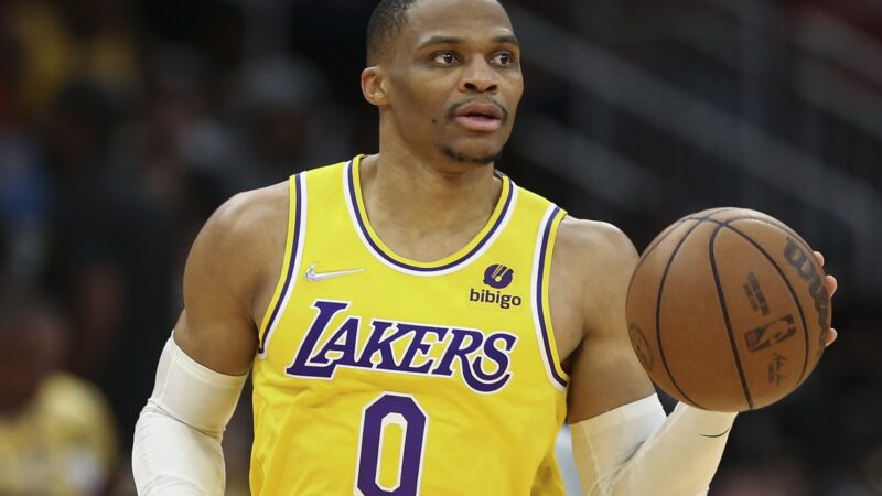 Russell Westbrook dribbles