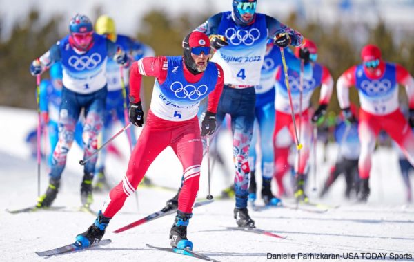 Cross-country skiers race at the Beijing Olympics