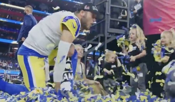 Matthew Stafford celebrates with his kids at the Super Bowl