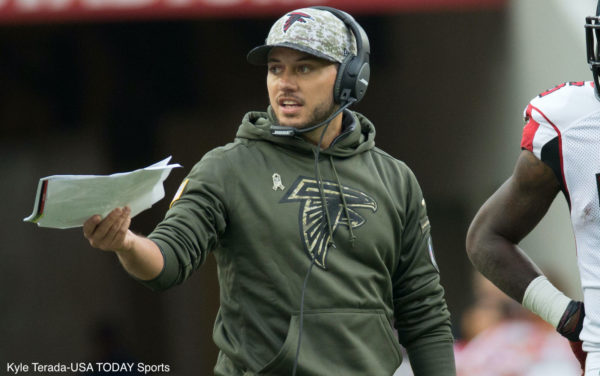 Mike McDaniel coaches for the Falcons