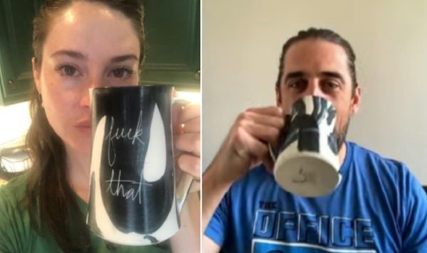 Aaron Rodgers and Shailene Woodley holding mugs