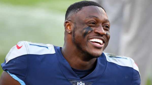 AJ Brown smiles during a game