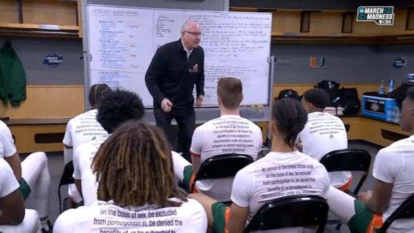 Jim Larranaga delivers a locker room speech