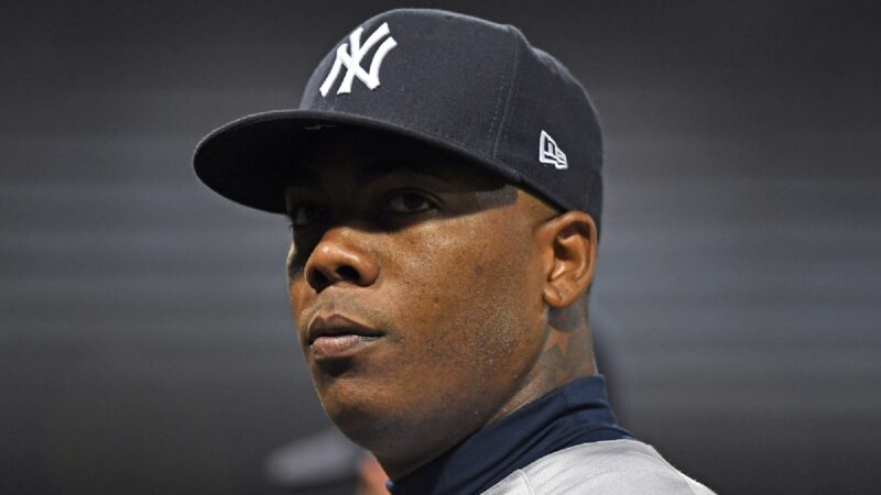 Aroldis Chapman in his Yankees cap