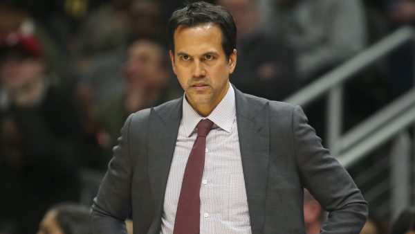 Erik Spoelstra looks on