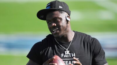 AJ Brown warms up before a game