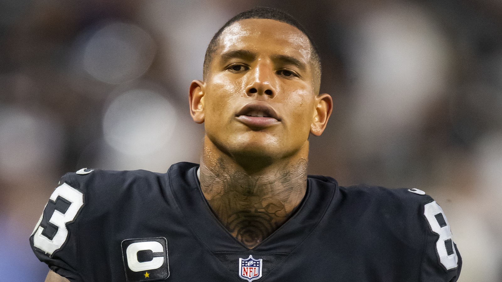 Darren Waller of the Las Vegas Raiders celebrates a touchdown with