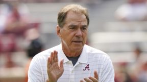 Nick Saban in an Alabama shirt