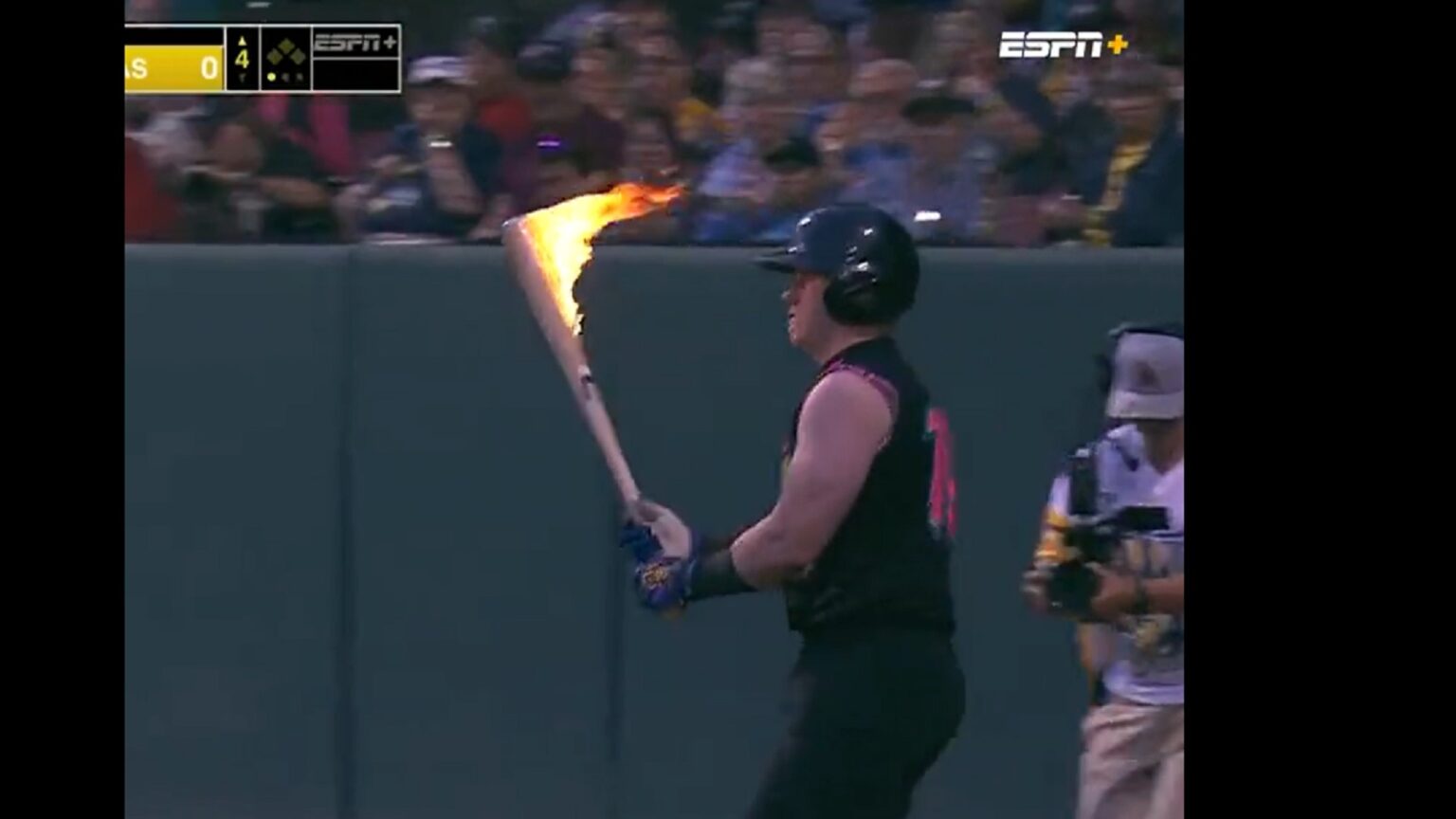 Player in Savannah Bananas game hits with flaming bat on fire