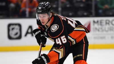 Trevor Zegras hunched over