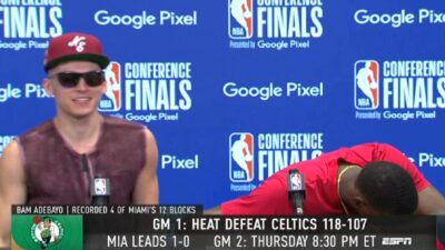 Bam Adebayo falls down laughing