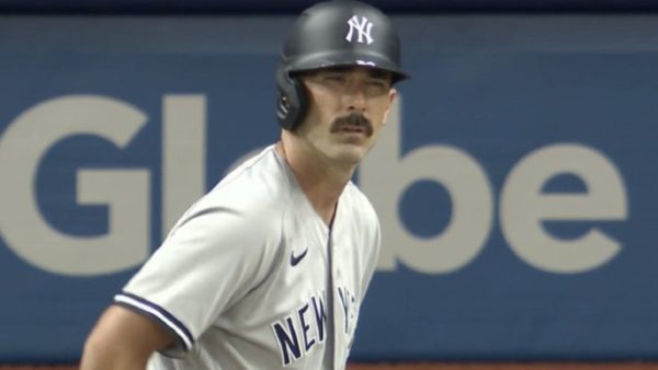 Matt Carpenter with a Yankees helmet on