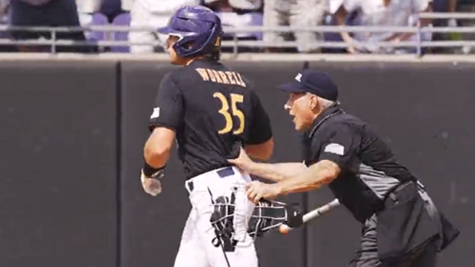 College baseball umpire pushes ECU player while he admires home run