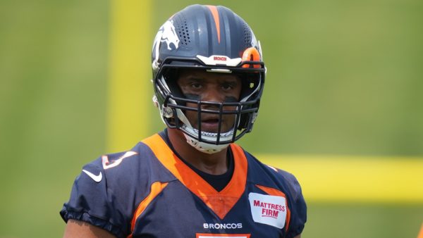 Russell Wilson in a Broncos helmet