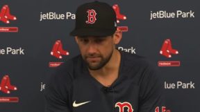 Nathan Eovaldi talks with the media