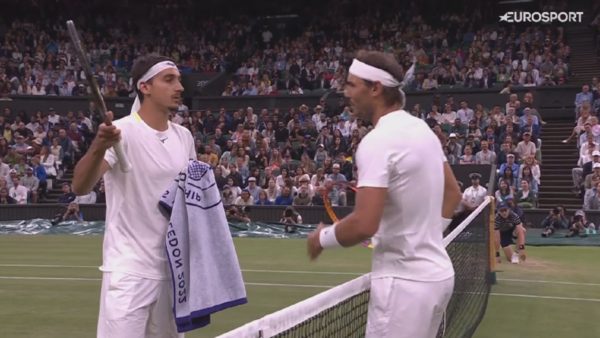 Rafael Nadal talks with Lorenzo Sonego