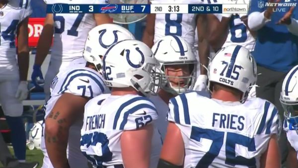 Colts offensive linemen Wesley French and Will Fries standing next to each other in the huddle.