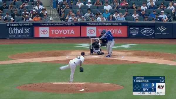 Whit Merrifield hitting a home run that bounced off of the top of the wall twice.