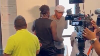 Patrick Beverley and Russell Westbrook embrace