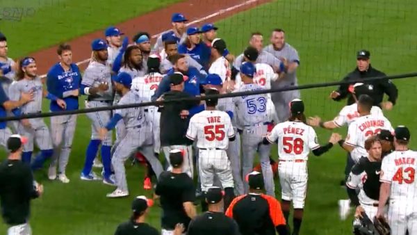 Blue Jays and Orioles players on the field