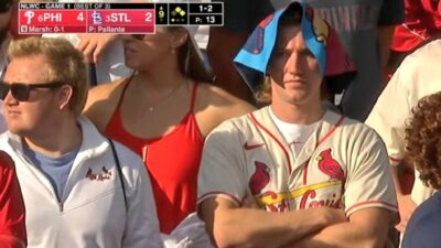 Cardinals fan with a thing on his head