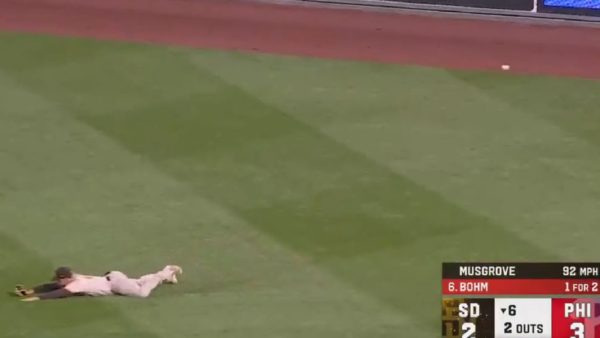 Juan Soto sprawled out in the field