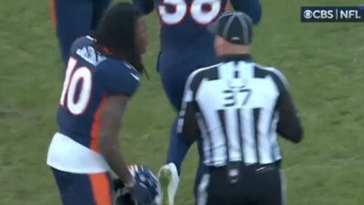 Jerry Jeudy screams at an official