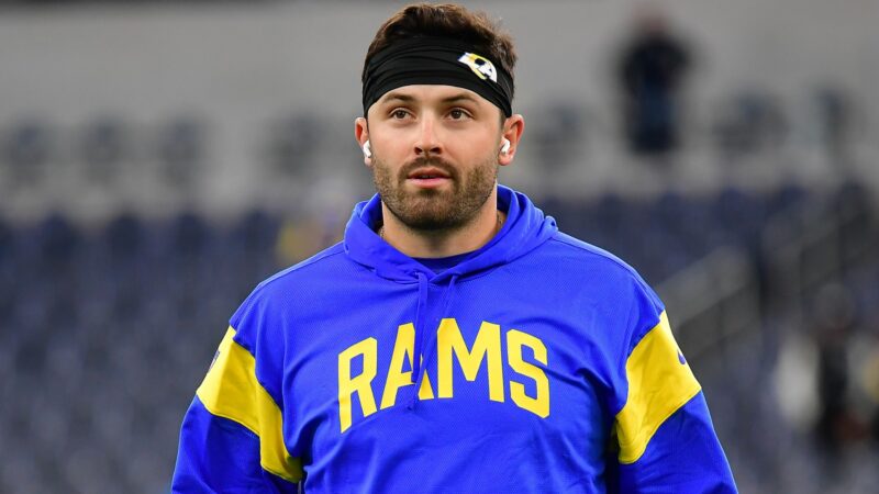 Baker Mayfield in a Rams sweatshirt