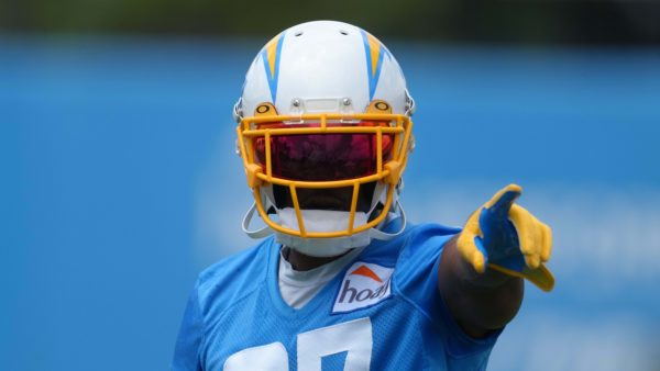 JC Jackson wearing a Chargers helmet