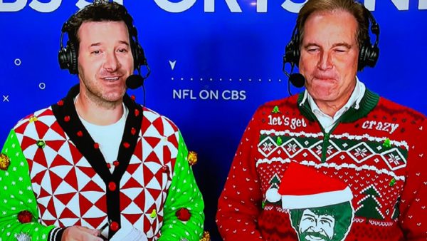 Jim Nantz and Tony Romo in Christmas sweaters