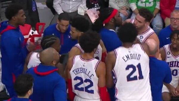 76ers players arguing on the bench