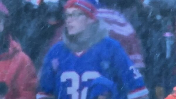 A Bills fan wearing a No. 32 jersey